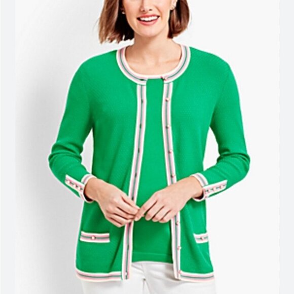 Talbots Green Pearl Button Down Cardigan Sweater  Pink White Trim Size XS - Picture 1 of 8